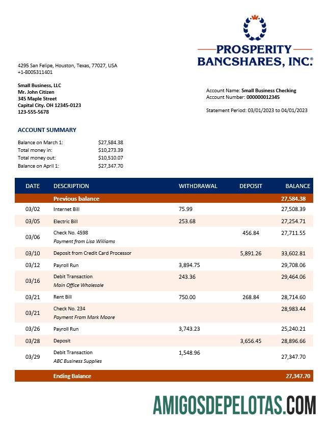 Baixável Prosperity Bancshares Inc Company Verificando extrato de conta modelo Word e PDF